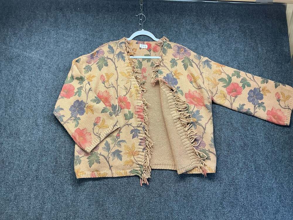 POL Floral Print Knit Fringed Open Front Cardigan Boho-Cottagecore Jacket